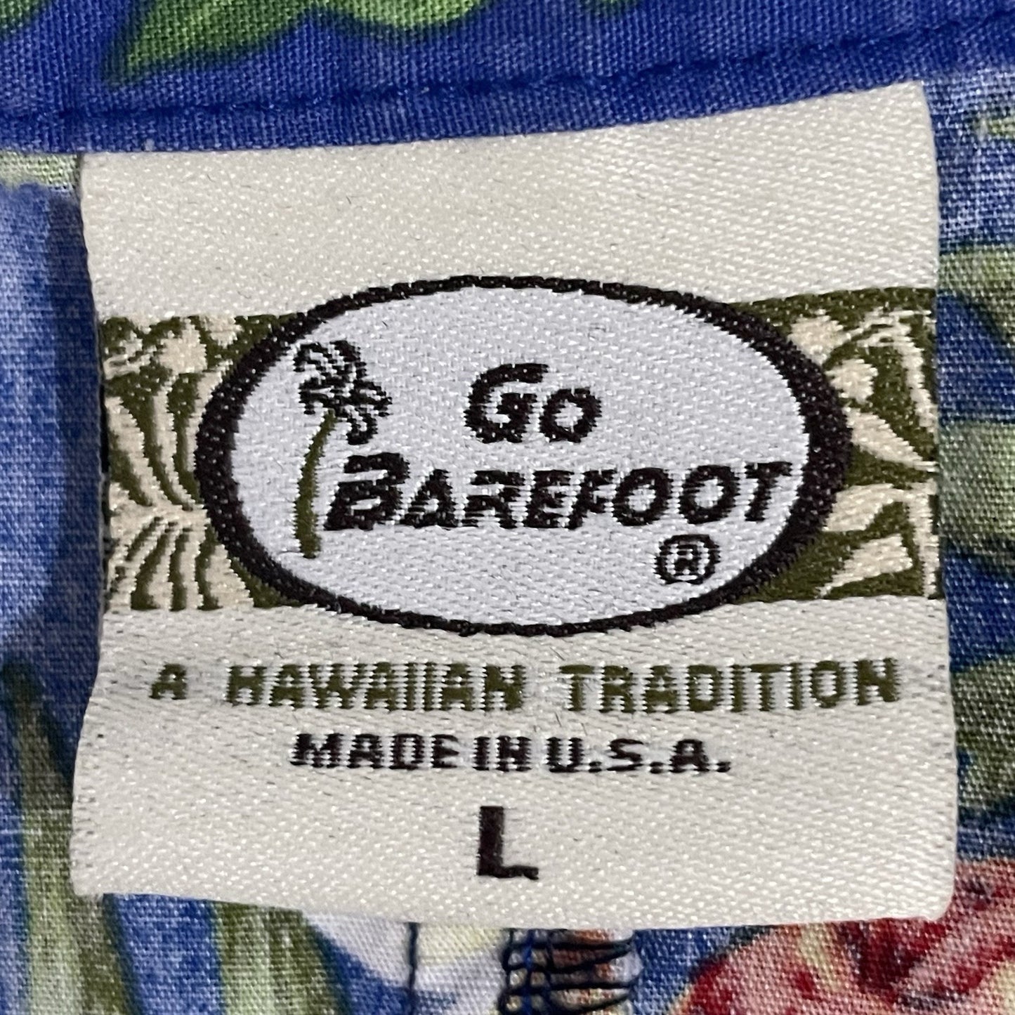 VTG Go Barefoot Blue Hawaiian Tropical Short Sleeve Button Up Shirt USA Large L