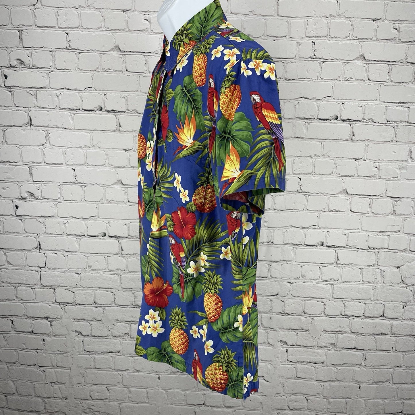 VTG Go Barefoot Blue Hawaiian Tropical Short Sleeve Button Up Shirt USA Large L