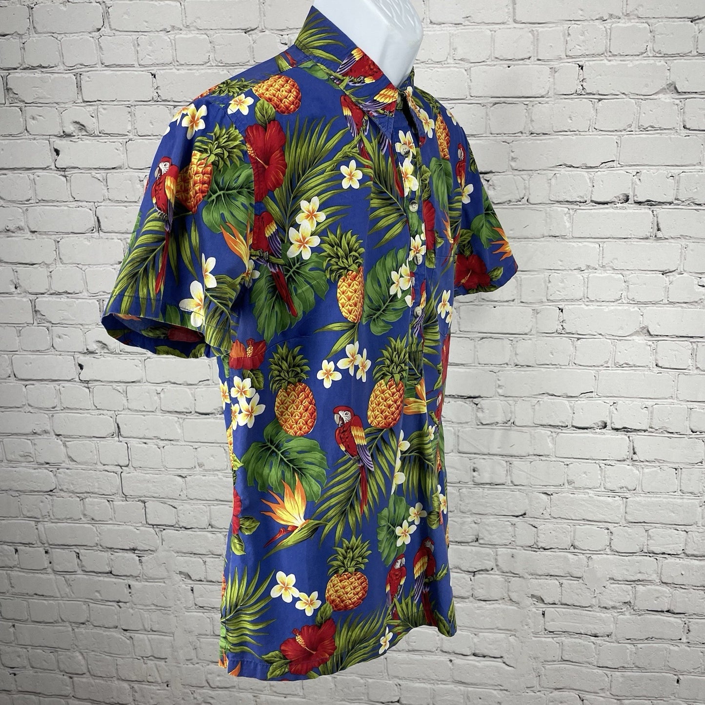 VTG Go Barefoot Blue Hawaiian Tropical Short Sleeve Button Up Shirt USA Large L