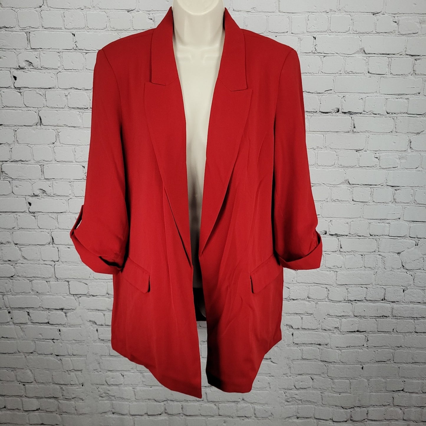 T Tahari Red Open Peak Lapel Roll Tab 3/4 Sleeve Lined Blazer Suit Jacket XL