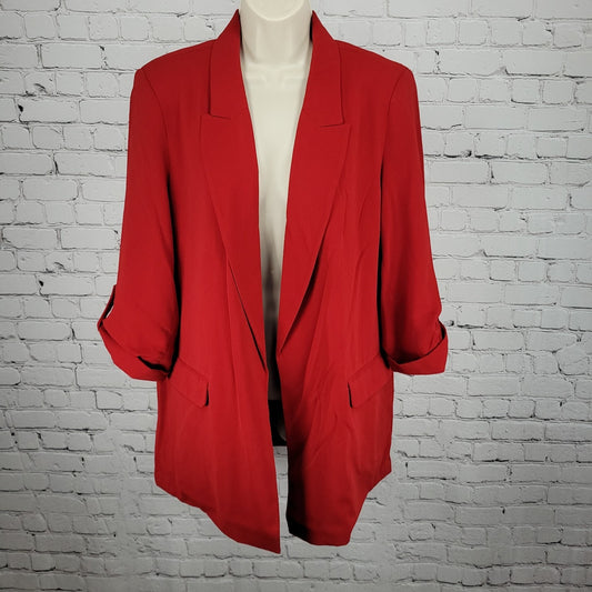 T Tahari Red Open Peak Lapel Roll Tab 3/4 Sleeve Lined Blazer Suit Jacket XL
