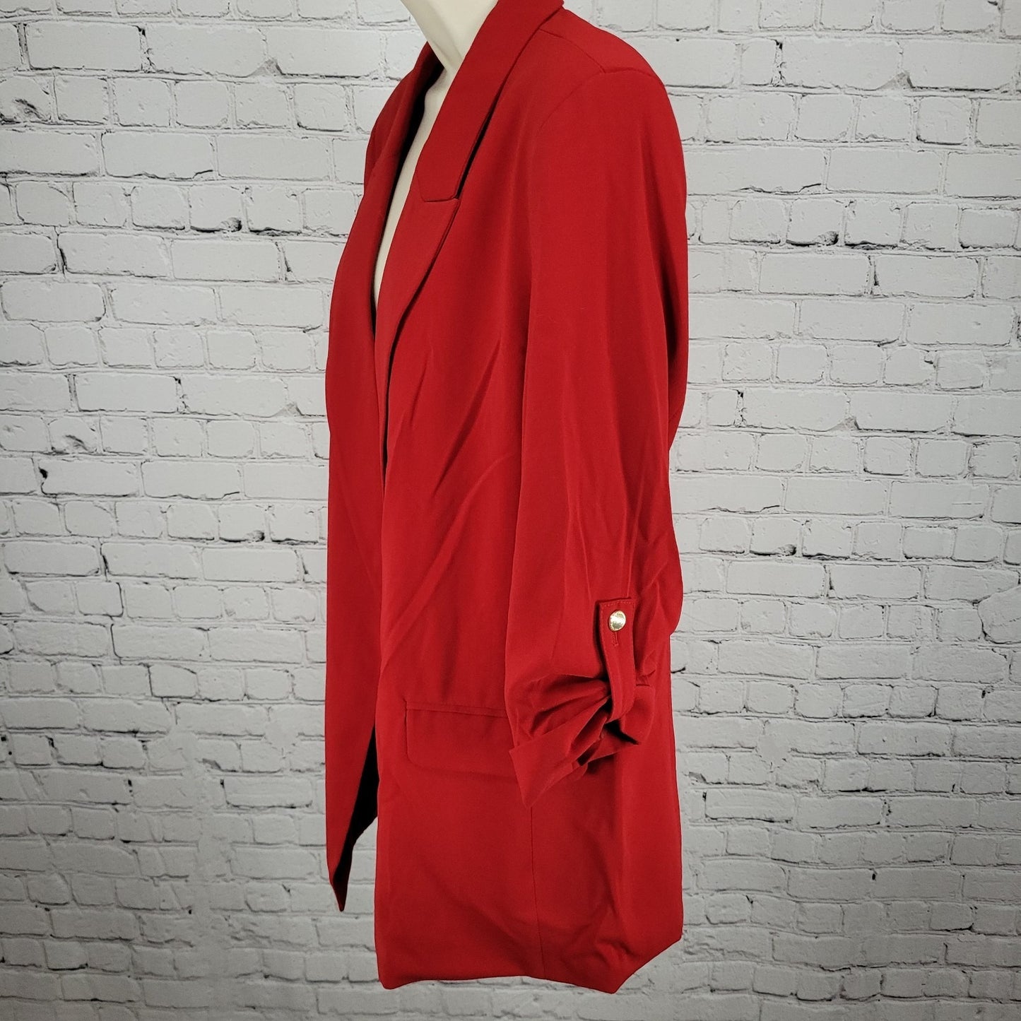 T Tahari Red Open Peak Lapel Roll Tab 3/4 Sleeve Lined Blazer Suit Jacket XL