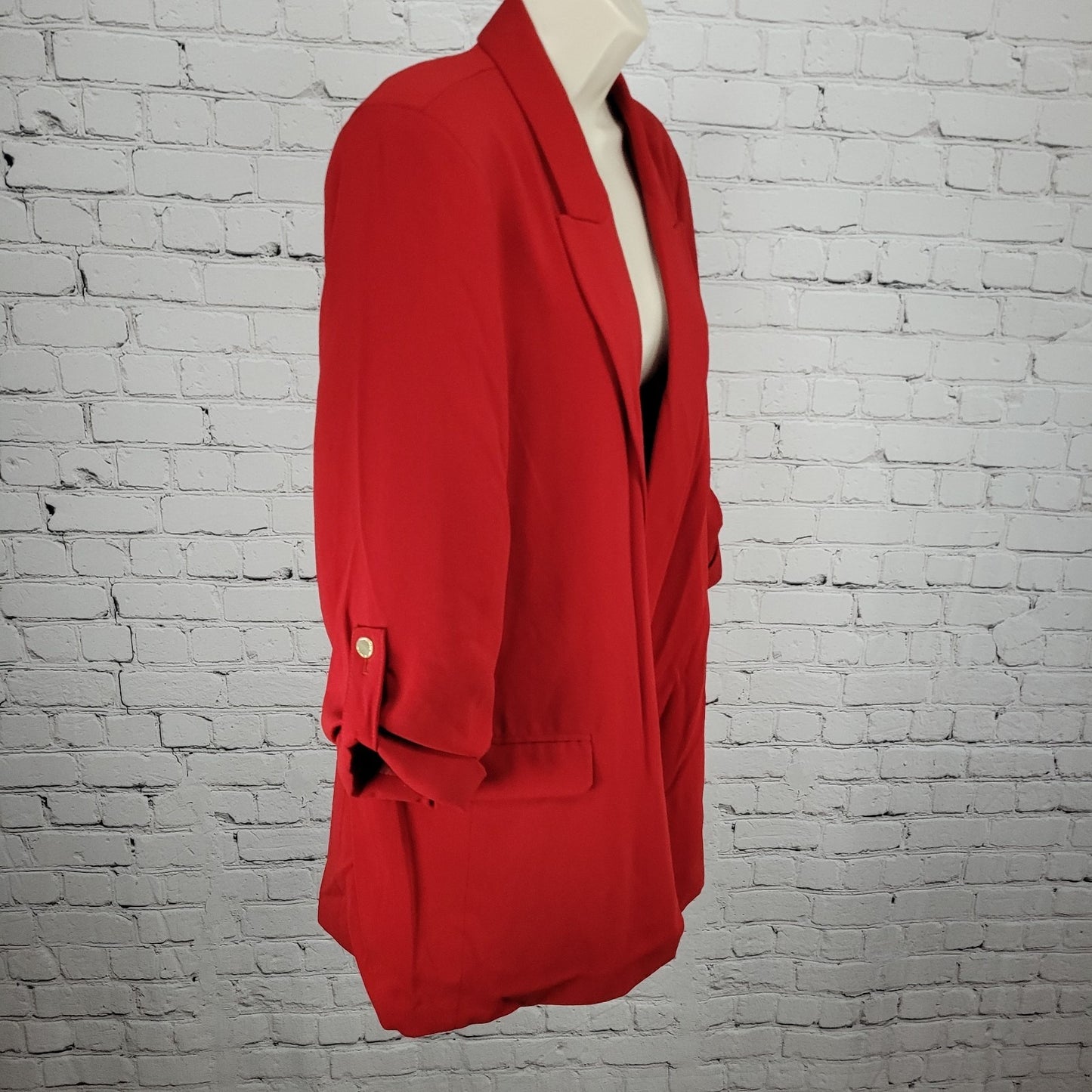 T Tahari Red Open Peak Lapel Roll Tab 3/4 Sleeve Lined Blazer Suit Jacket XL