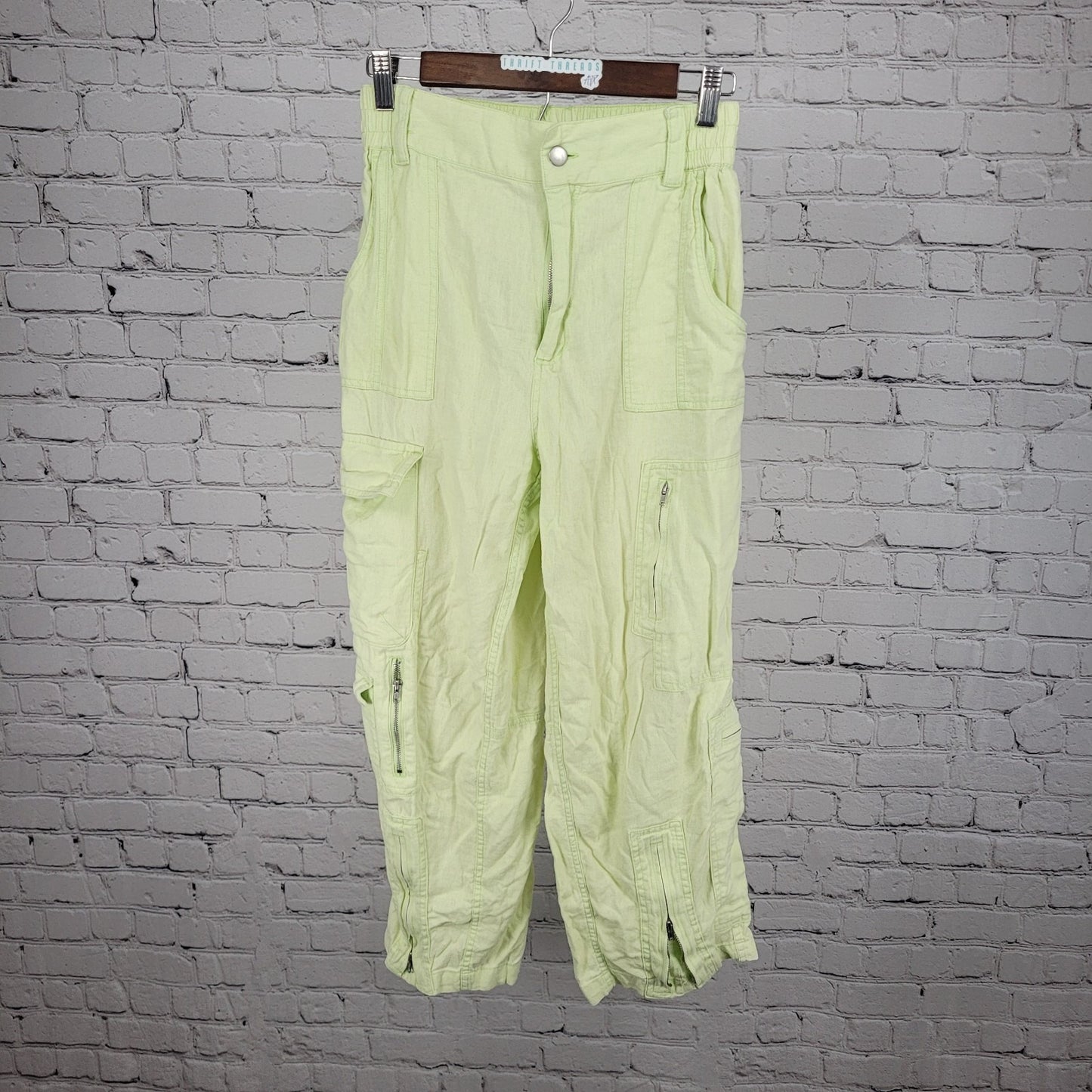 Urban Outfitters Green Linen Blend High Rise Cargo Cropped Pants Small S (26x24)