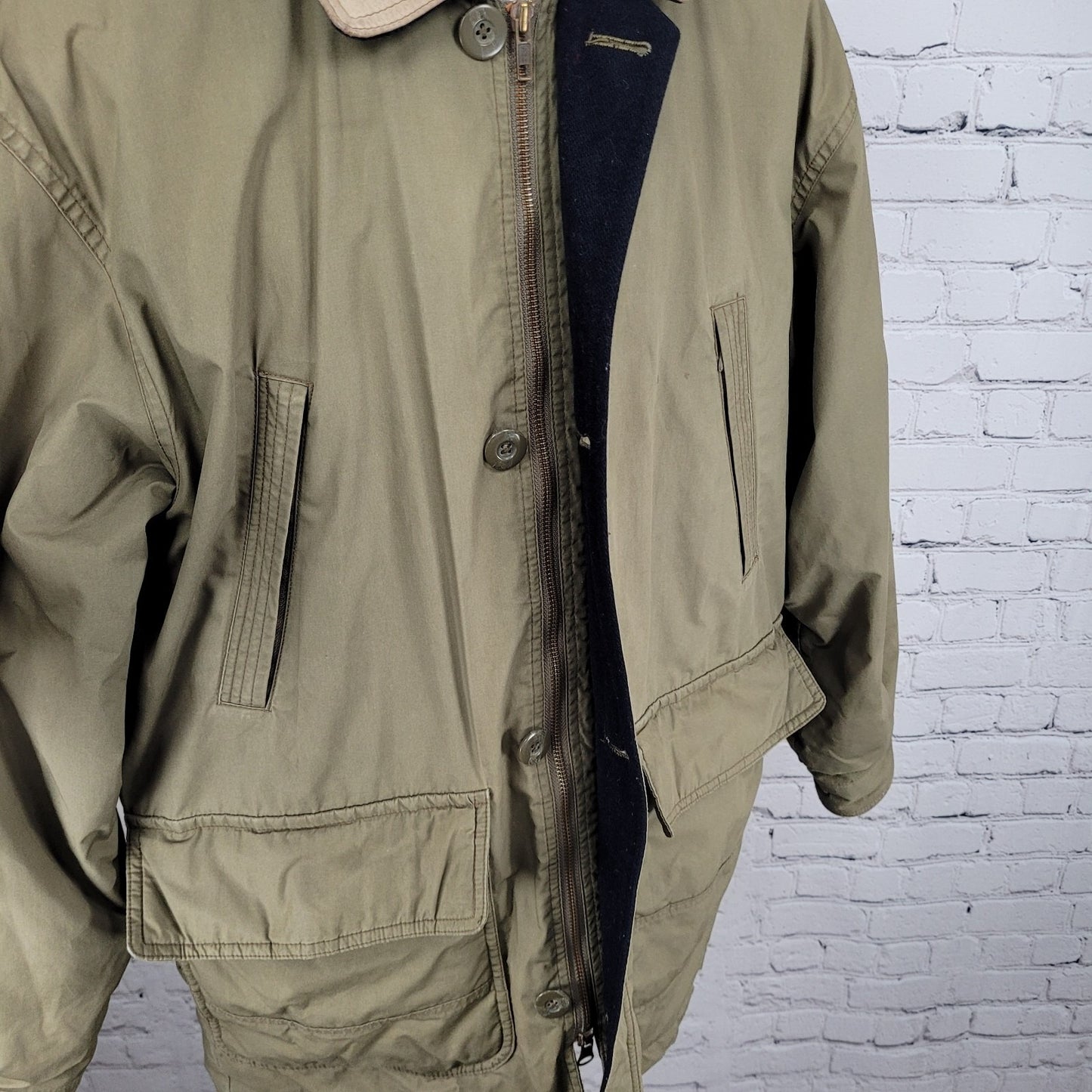 VTG Aviator Tan Parafin Cloth Full Zip Wool Lined Leather Collar Jacket Small S