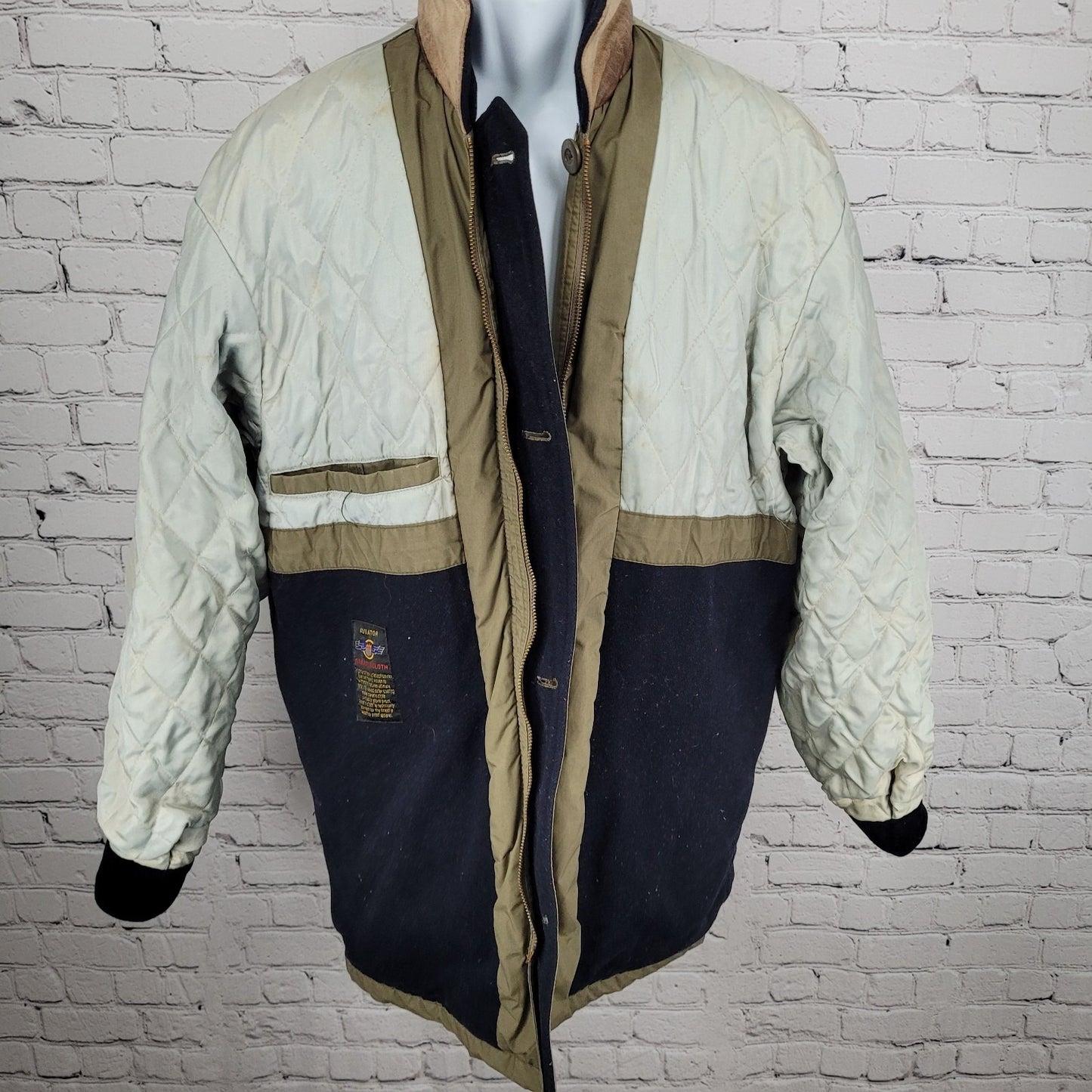 VTG Aviator Tan Parafin Cloth Full Zip Wool Lined Leather Collar Jacket Small S