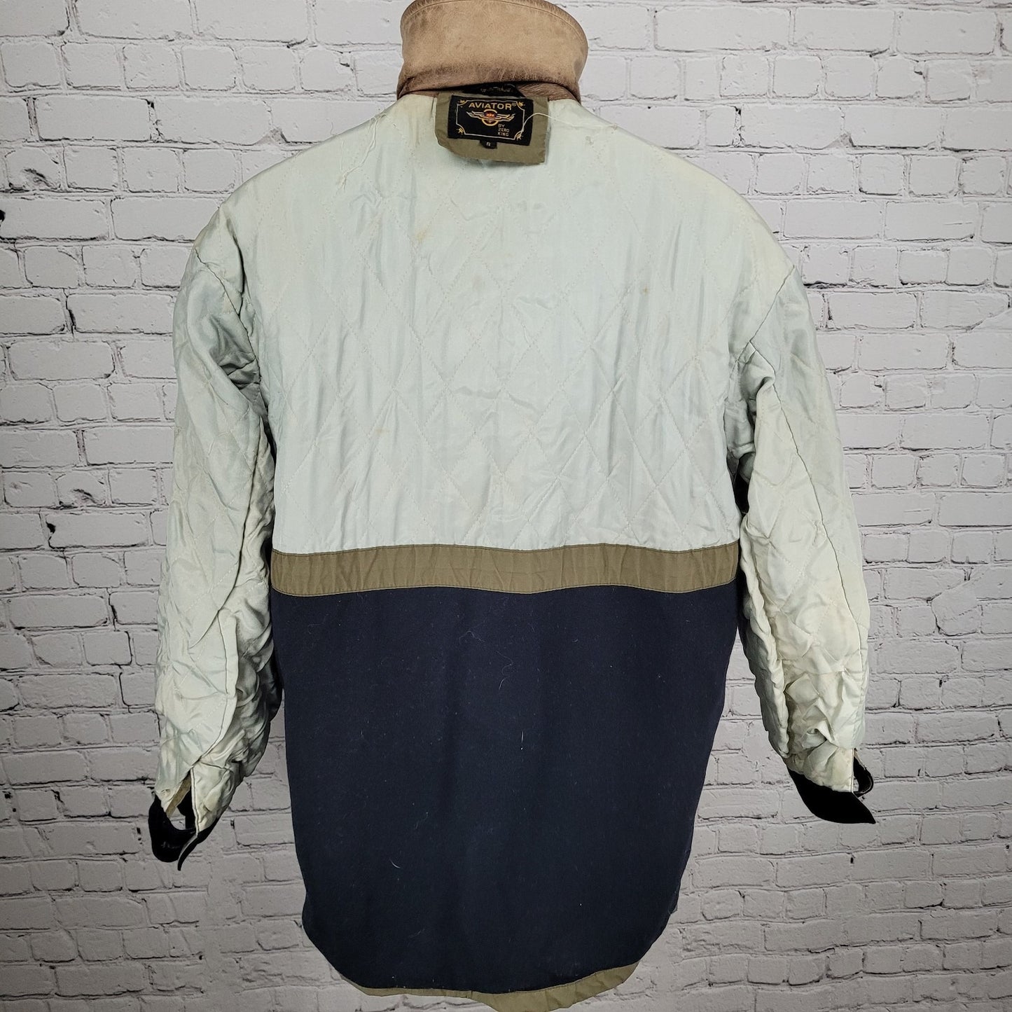 VTG Aviator Tan Parafin Cloth Full Zip Wool Lined Leather Collar Jacket Small S