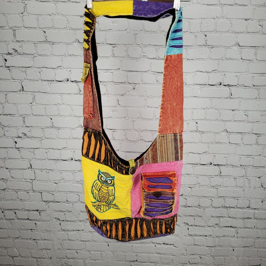 Multicolor Cotton Embroidered Owl Boho Zipped Crossbody Hobo Tote Bag Nepal Made