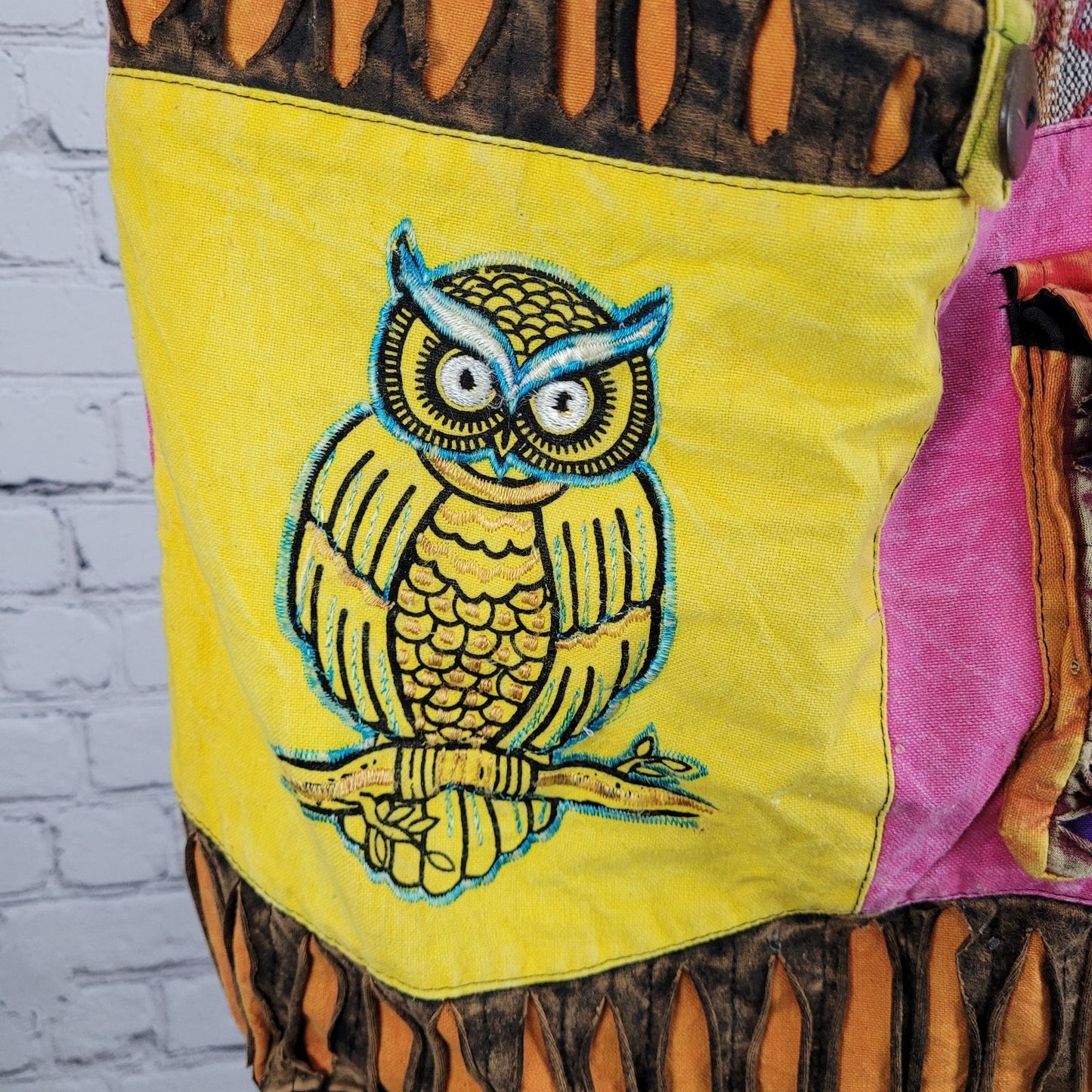 Multicolor Cotton Embroidered Owl Boho Zipped Crossbody Hobo Tote Bag Nepal Made