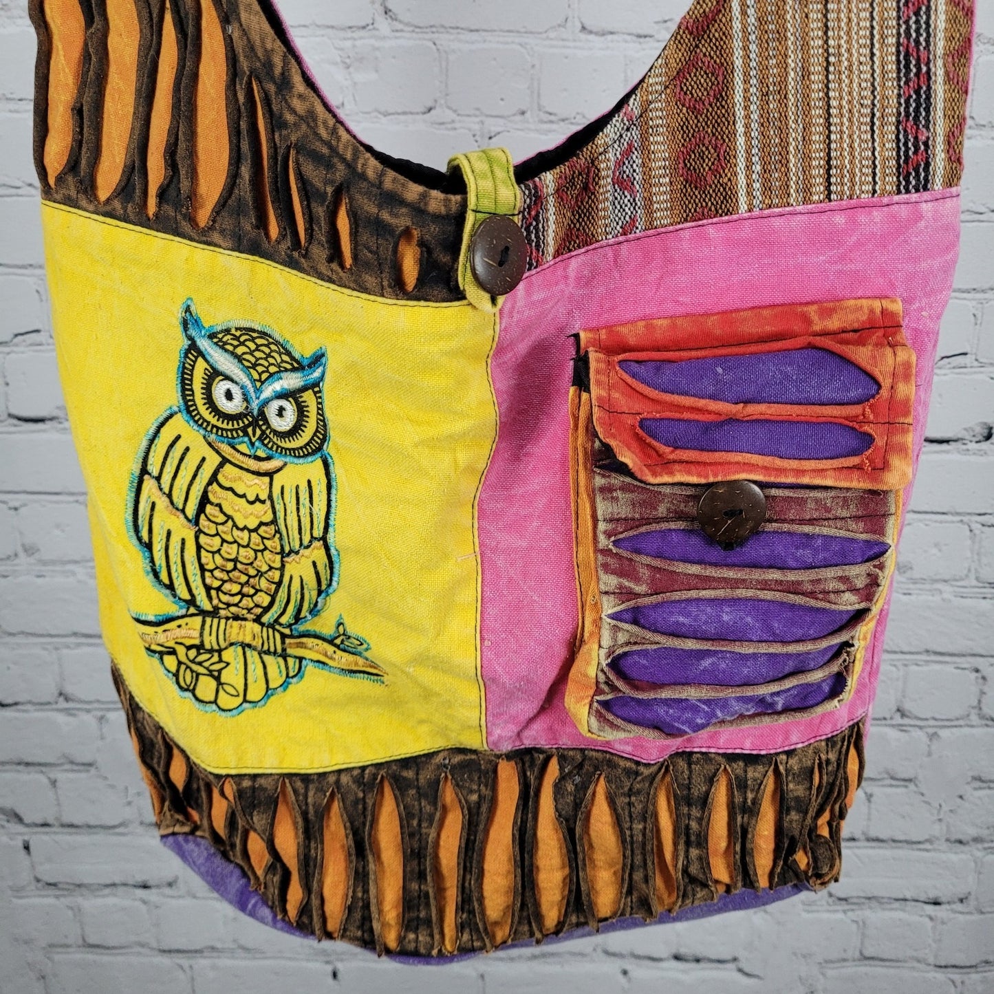 Multicolor Cotton Embroidered Owl Boho Zipped Crossbody Hobo Tote Bag Nepal Made