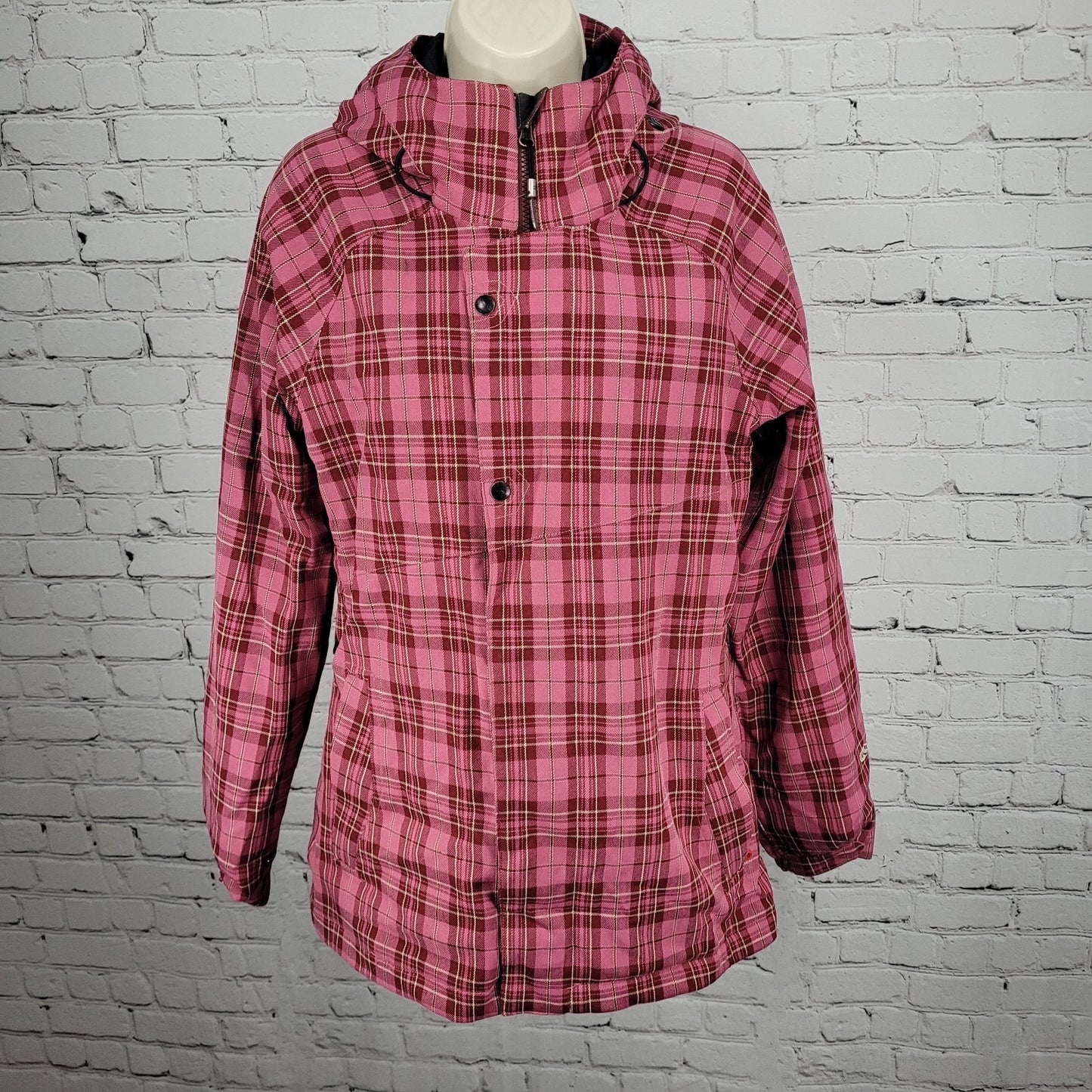 Bonfire Pink Plaid Dry Level 2 15K Waterproof Hood Snowboard Ski Jacket Medium M
