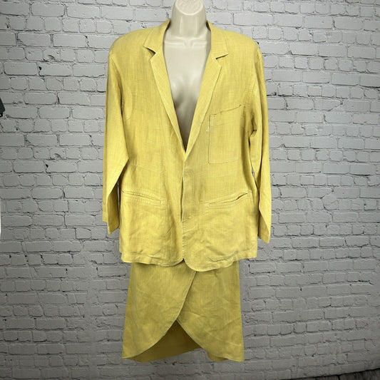 VTG Gene Ewing Bis Yellow Linen Two Piece 70s Skirt Suit Large Jacket XS Skirt