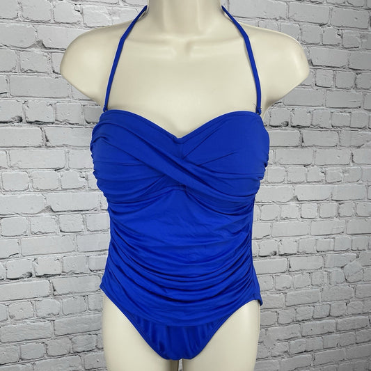 La Blanca Blue Built In Bra Ruched Halter Lined Slimming One Piece Swimsuit 8