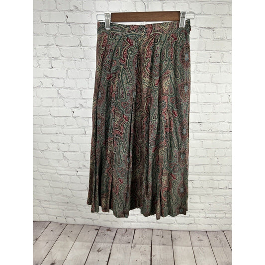 Vintage JG Hook Red Green Paisley Pleated Midi Length Skirt Women’s 4
