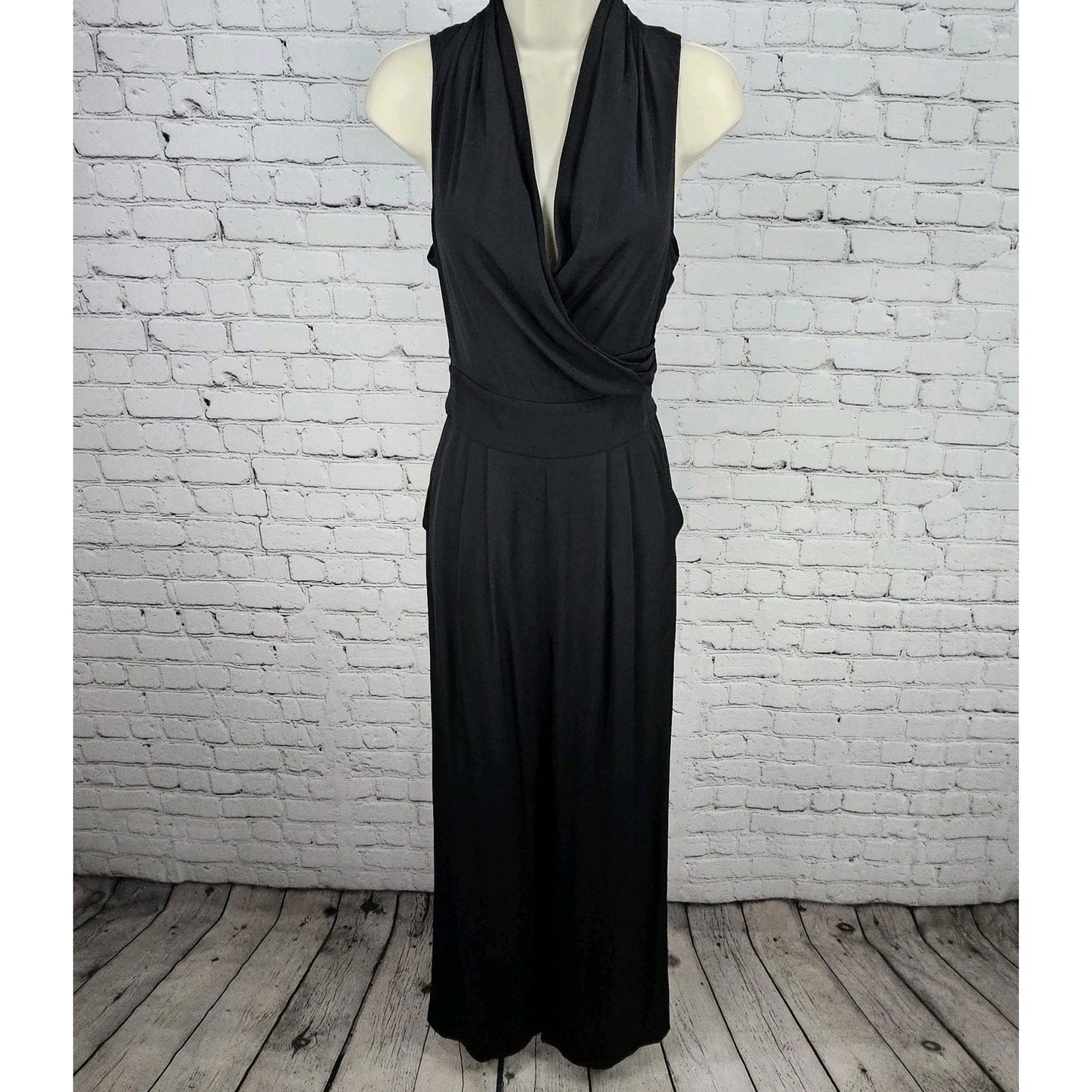 Catherine Malandrino Black Silk Stretch Wrap V-Neck Tie Back Wide Leg Jumper 0