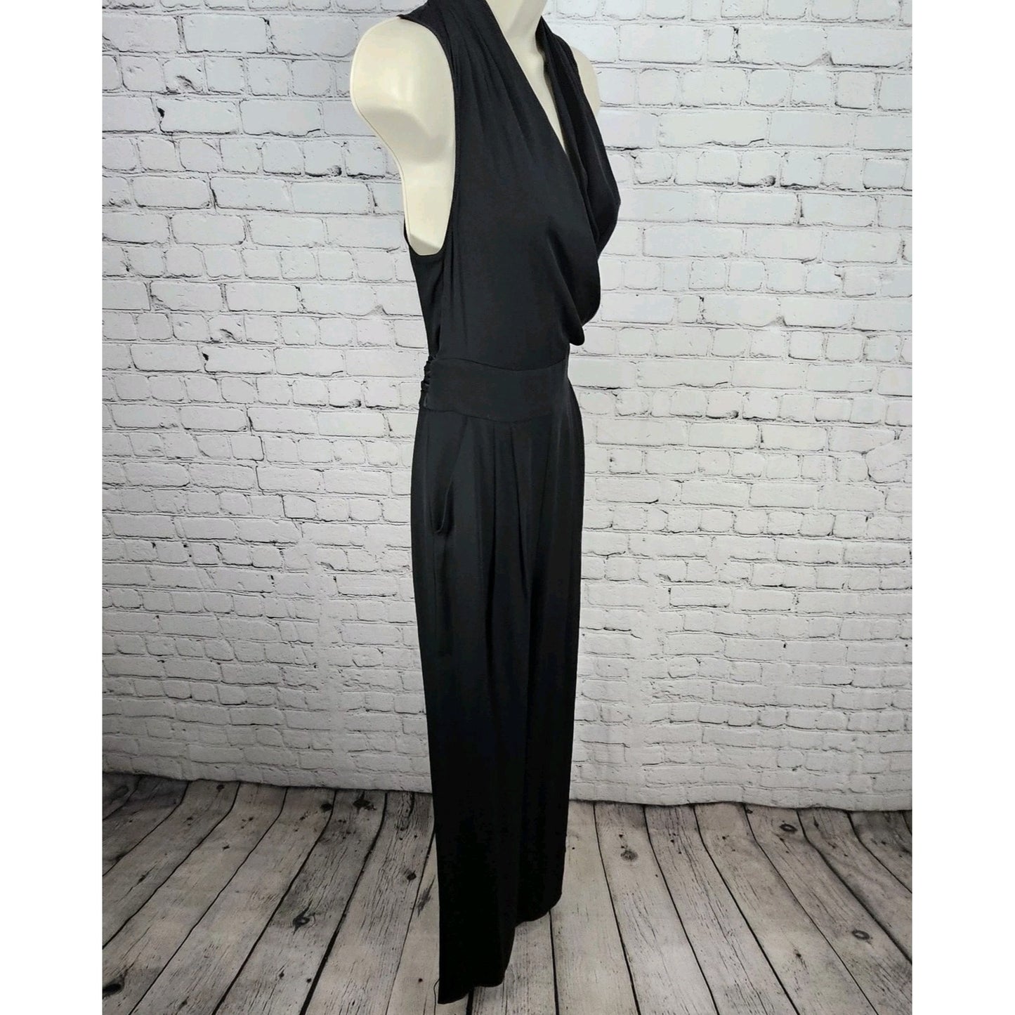 Catherine Malandrino Black Silk Stretch Wrap V-Neck Tie Back Wide Leg Jumper 0