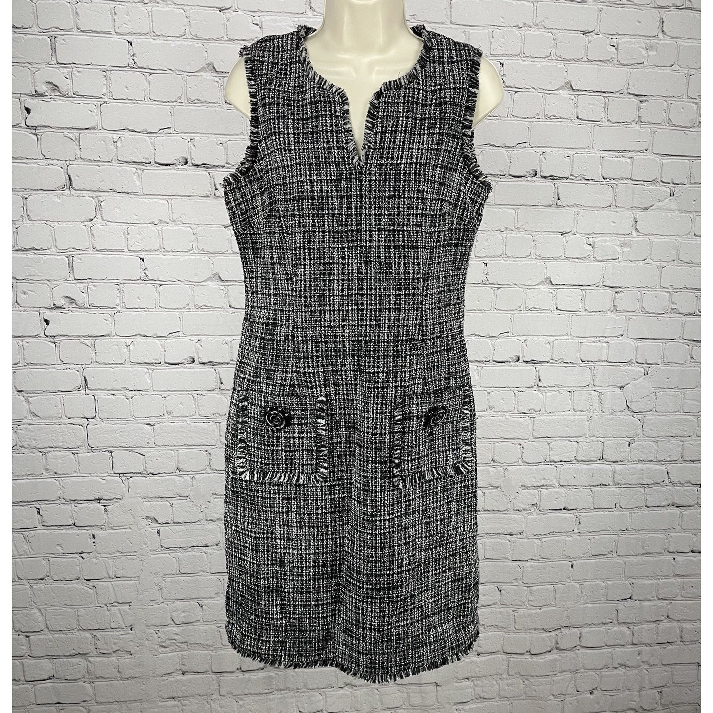 Karl Lagerfield Paris Black White Metallic Tweed Sheath Dress Zip Lined Size 6