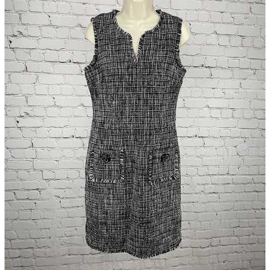 Karl Lagerfield Paris Black White Metallic Tweed Sheath Dress Zip Lined Size 6