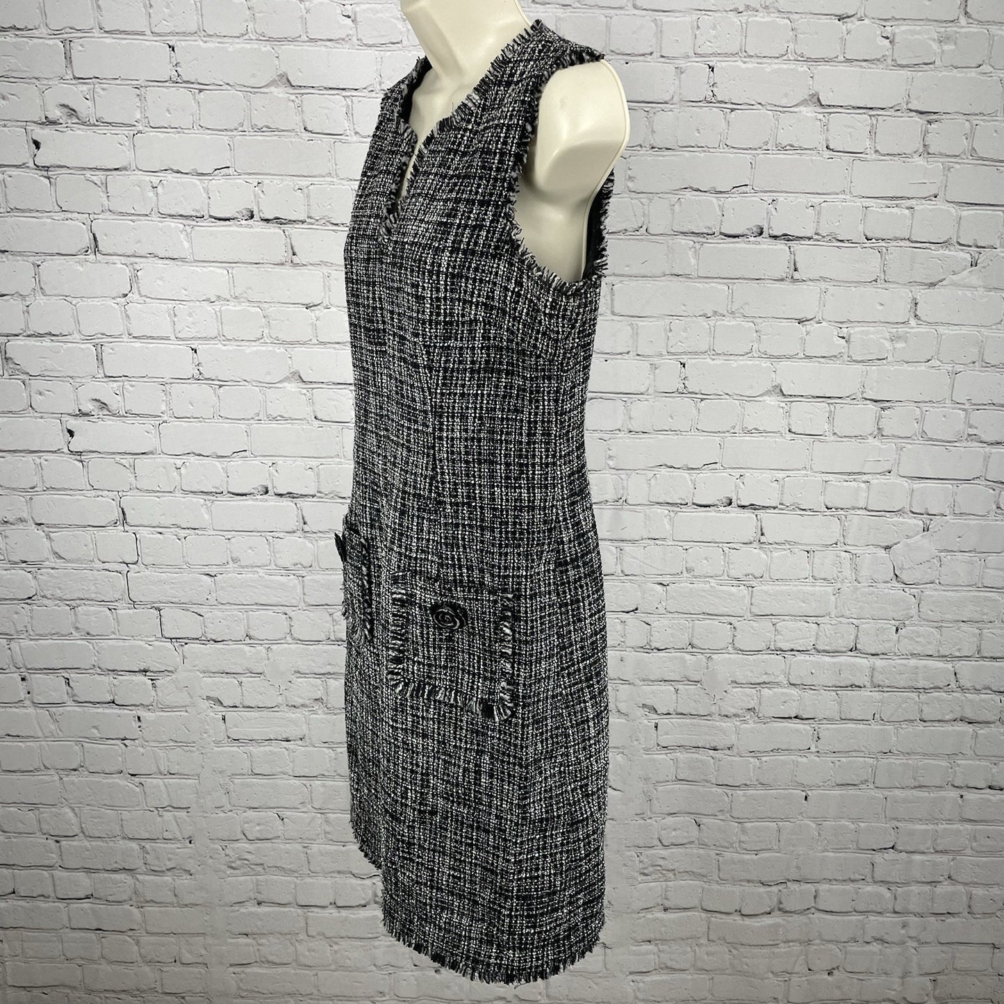 Karl Lagerfield Paris Black White Metallic Tweed Sheath Dress Zip Lined Size 6
