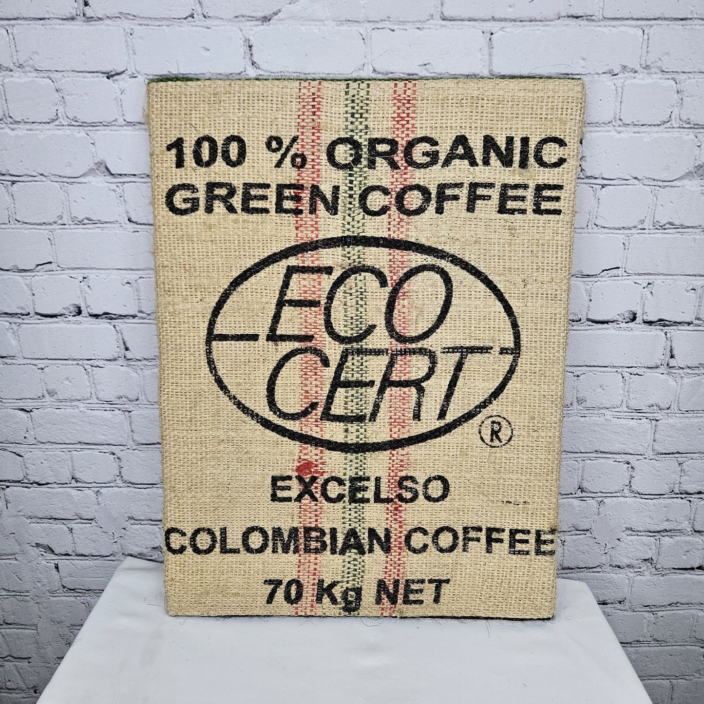 Eco Cert Coffee Authentic Burlap Sack Wrapped Canvas Wood Framed Art 24x18