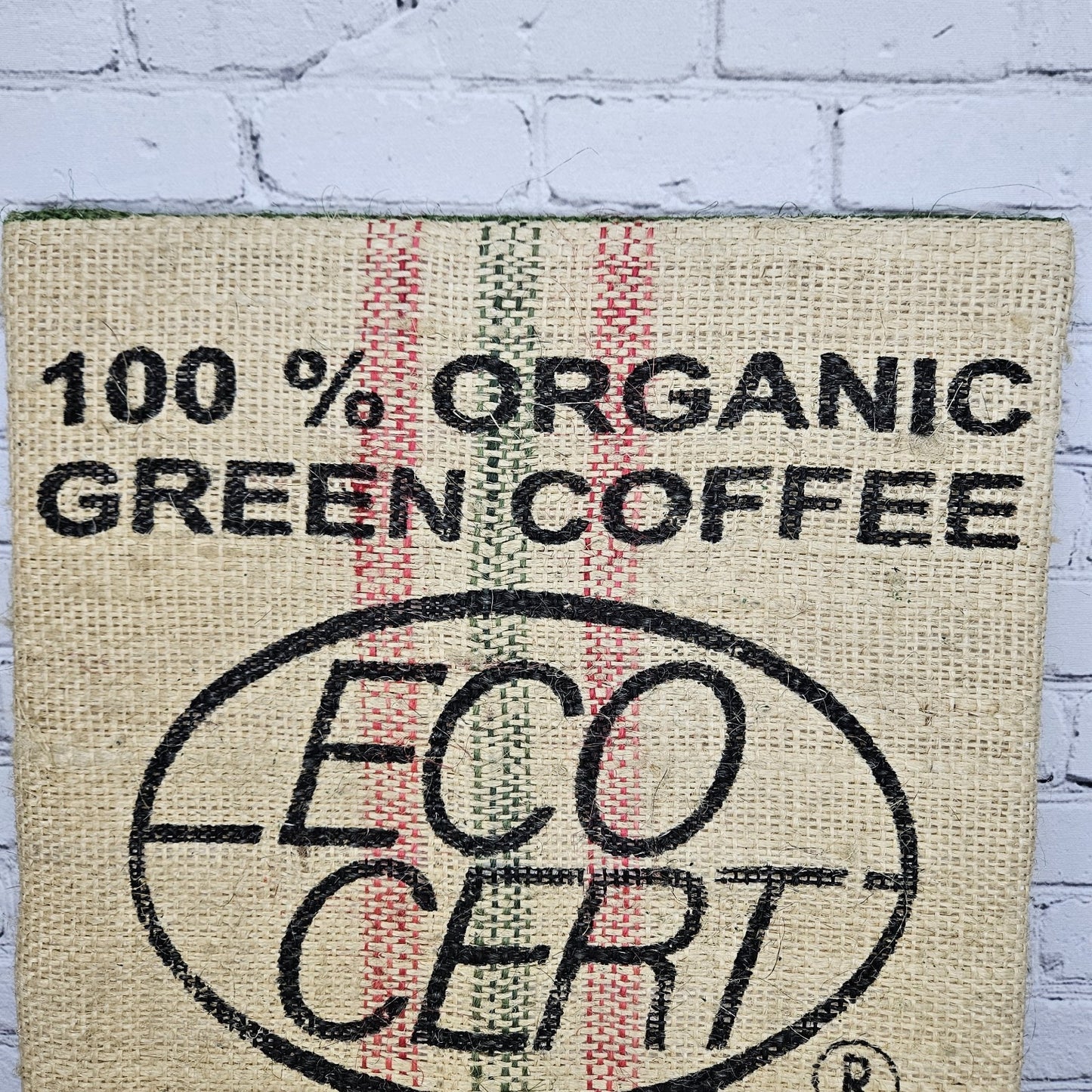 Eco Cert Coffee Authentic Burlap Sack Wrapped Canvas Wood Framed Art 24x18