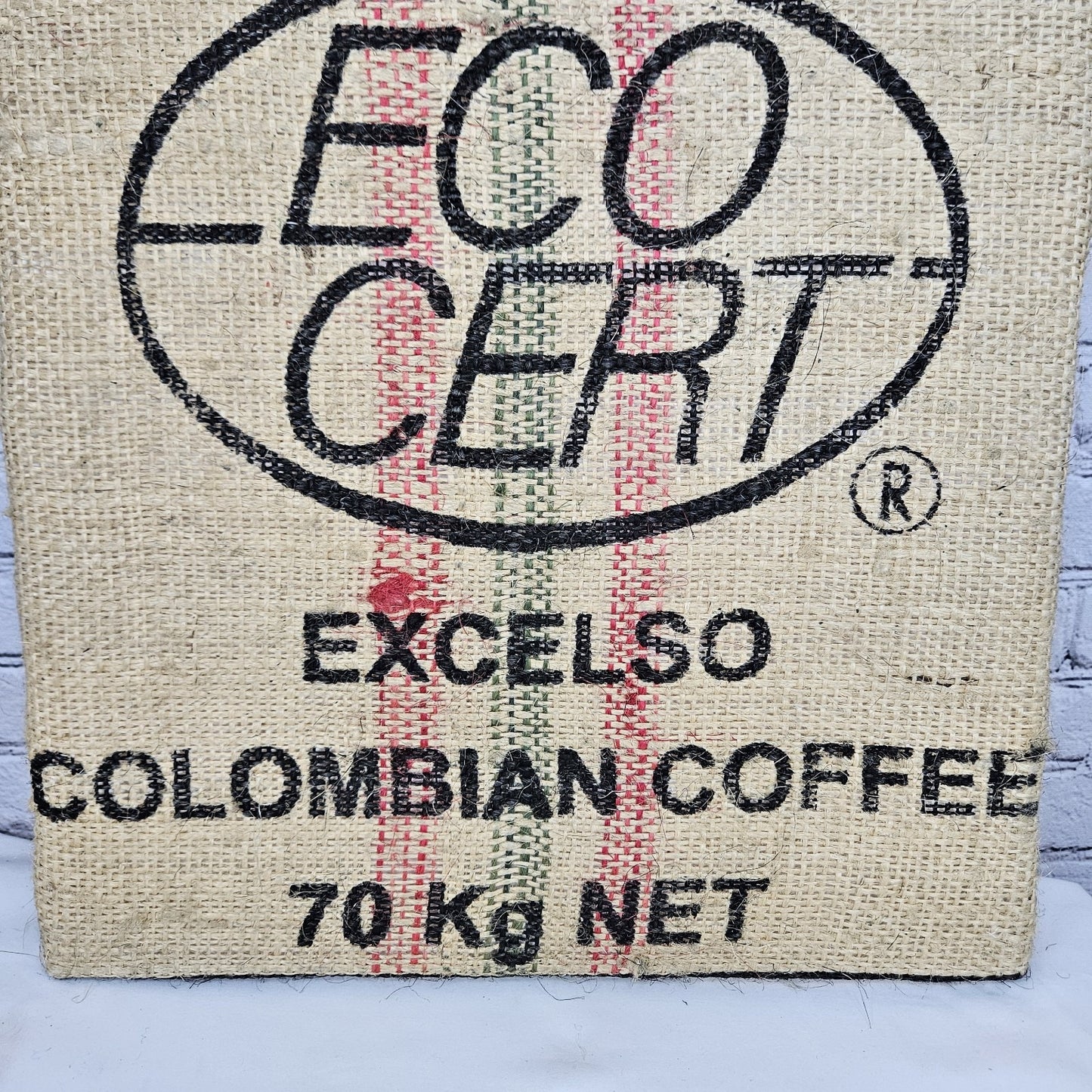 Eco Cert Coffee Authentic Burlap Sack Wrapped Canvas Wood Framed Art 24x18