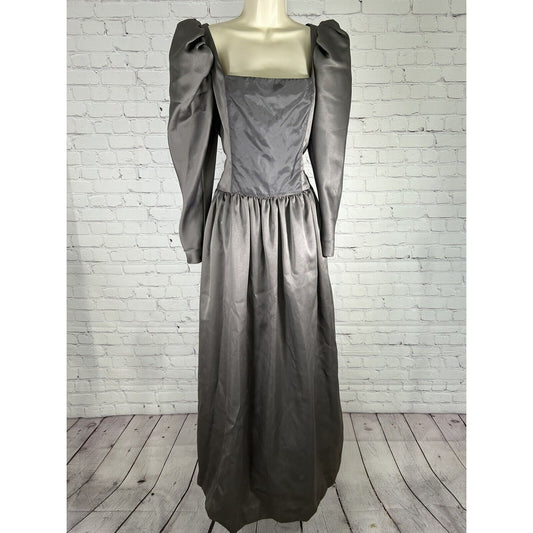 VTG 1970’s Victor Costa Gray Poof Sleeve Square Neck A Line Pleated Ball Gown 12
