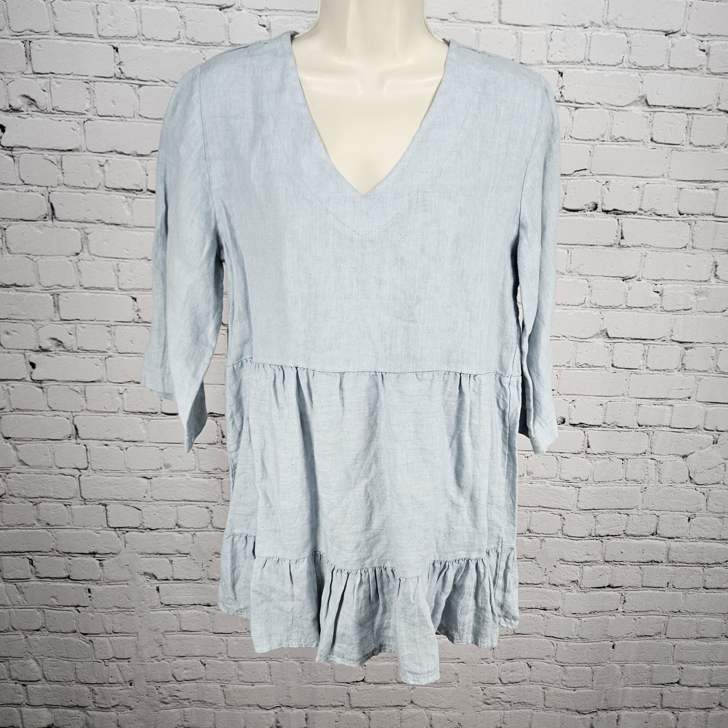 NWT Laura Bianchi Powder Blue 100% Linen Tiered 3/4 Sleeve Top Italy Medium M