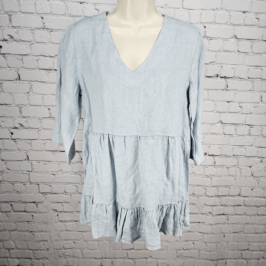 NWT Laura Bianchi Powder Blue 100% Linen Tiered 3/4 Sleeve Top Italy Medium M
