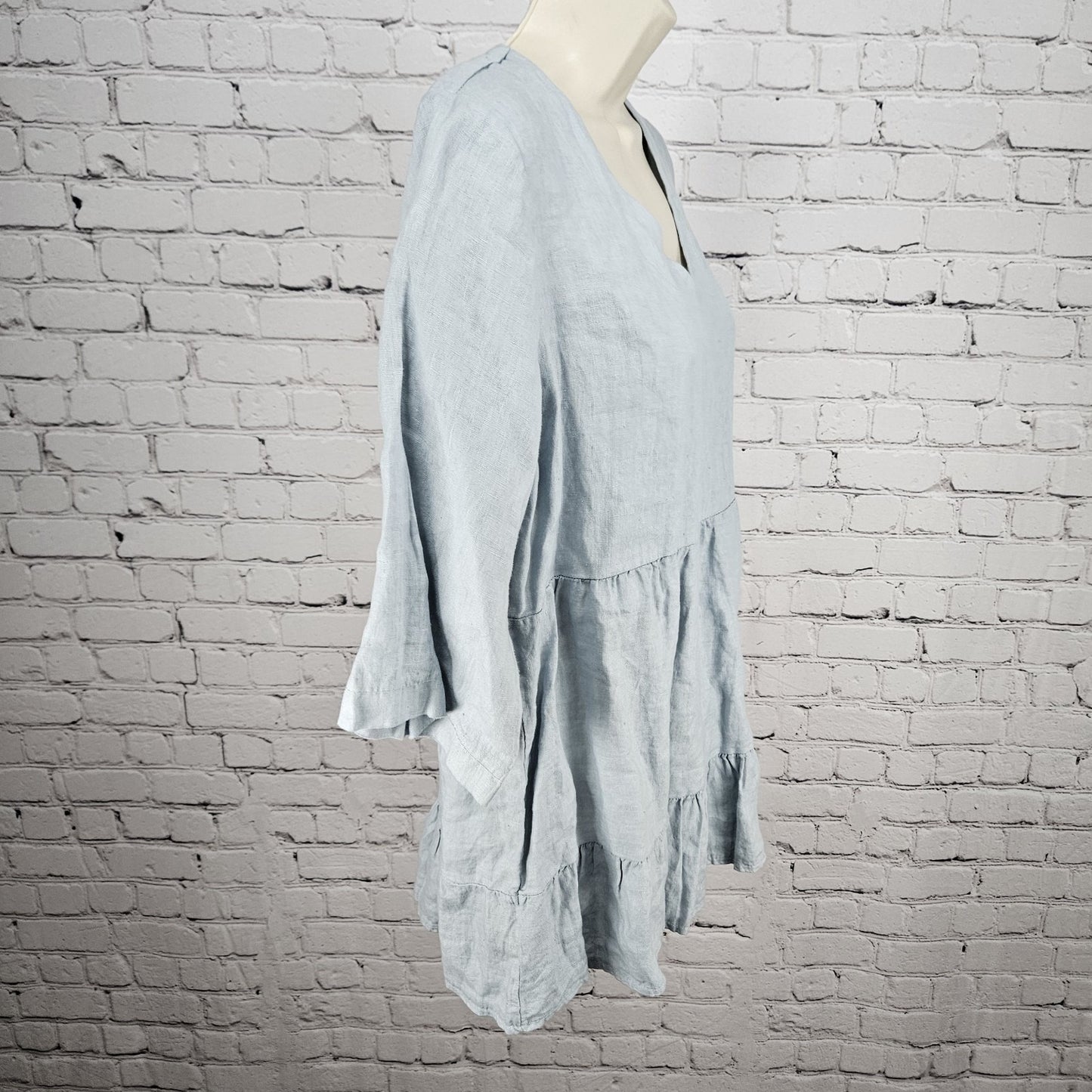 NWT Laura Bianchi Powder Blue 100% Linen Tiered 3/4 Sleeve Top Italy Medium M