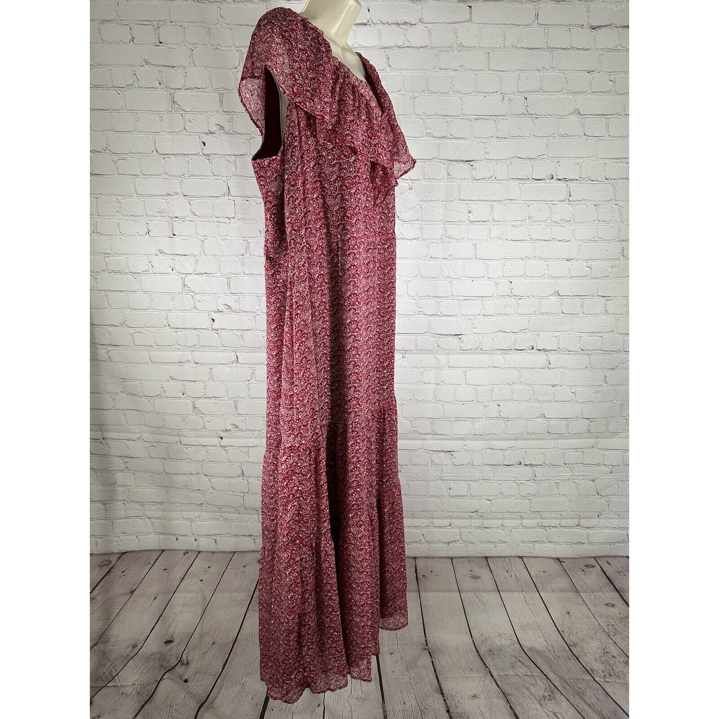 NWT Loft Plus Red Floral Flounce Tie Back Lined Lightweight Tiered Maxi Dress 22
