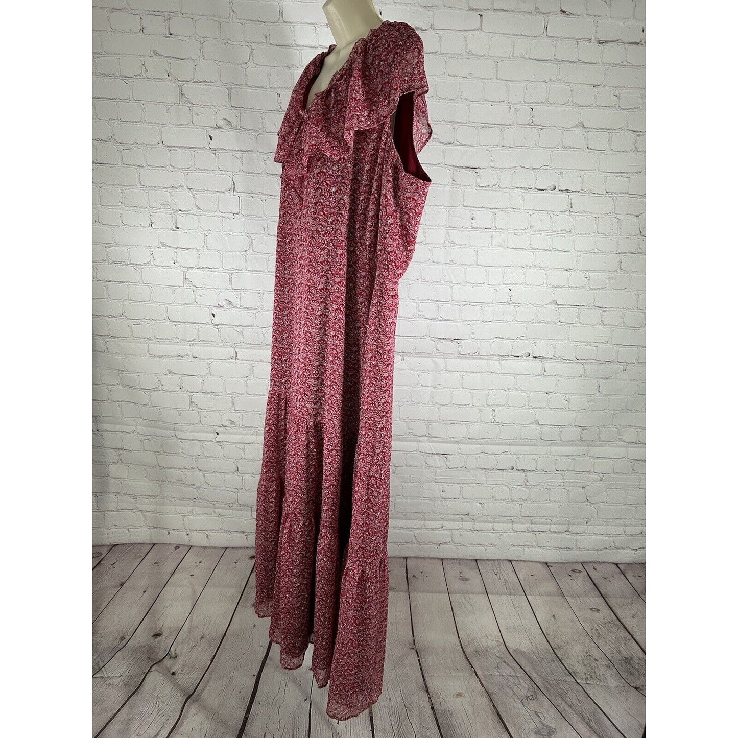 NWT Loft Plus Red Floral Flounce Tie Back Lined Lightweight Tiered Maxi Dress 22