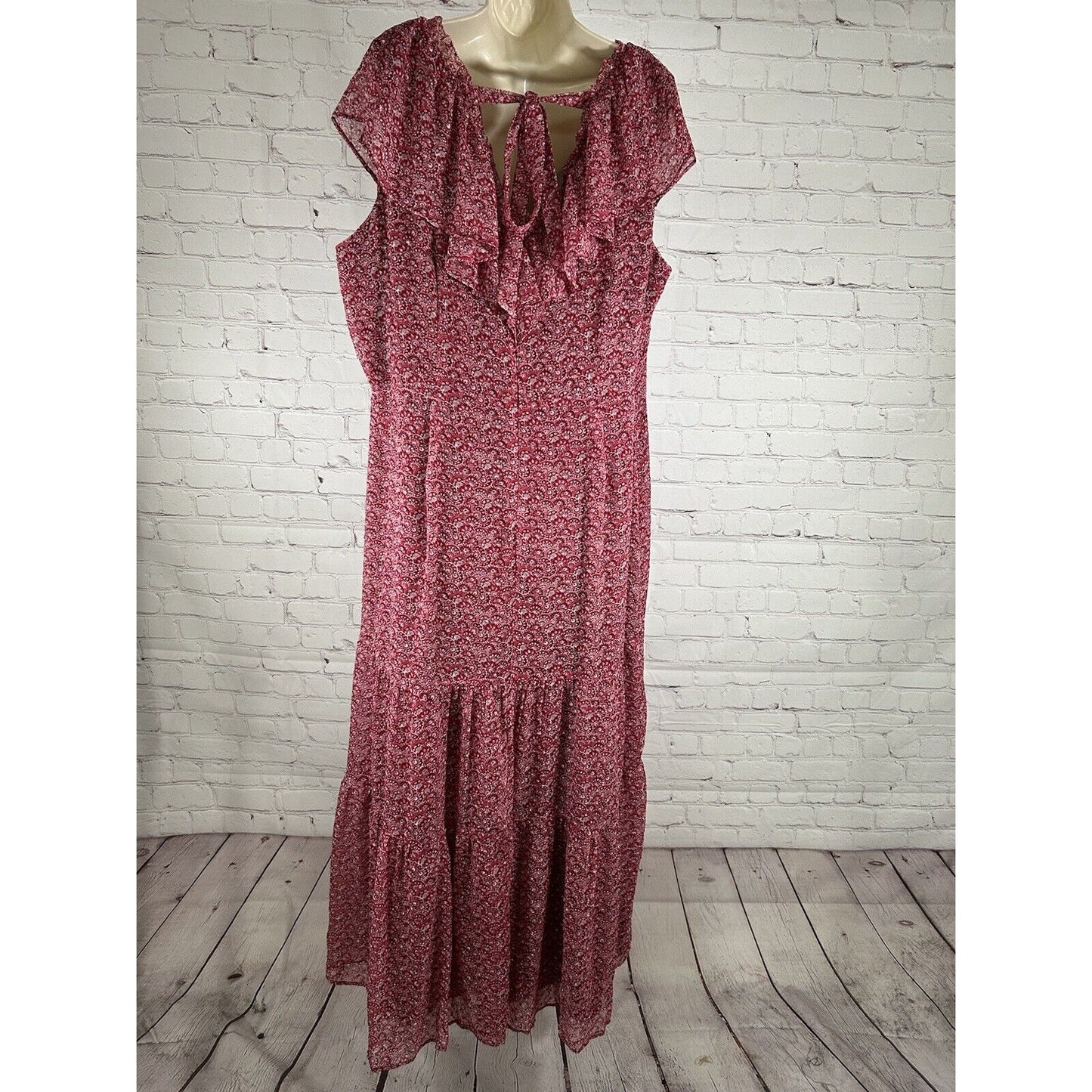NWT Loft Plus Red Floral Flounce Tie Back Lined Lightweight Tiered Maxi Dress 22