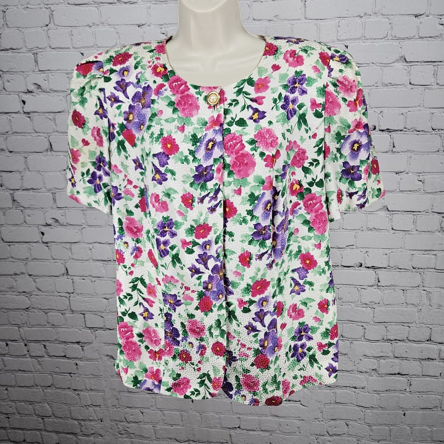 VTG Maggy London Multicolor 100% Silk Floral Buttoned Lined Puff Sleeve Top 16