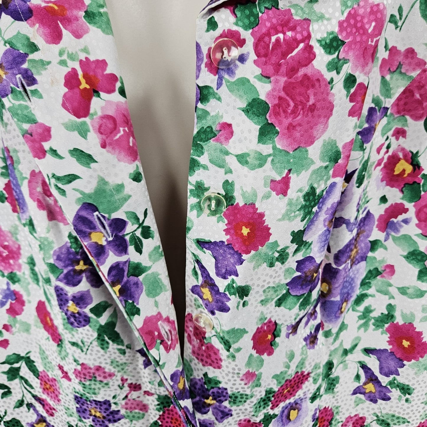VTG Maggy London Multicolor 100% Silk Floral Buttoned Lined Puff Sleeve Top 16