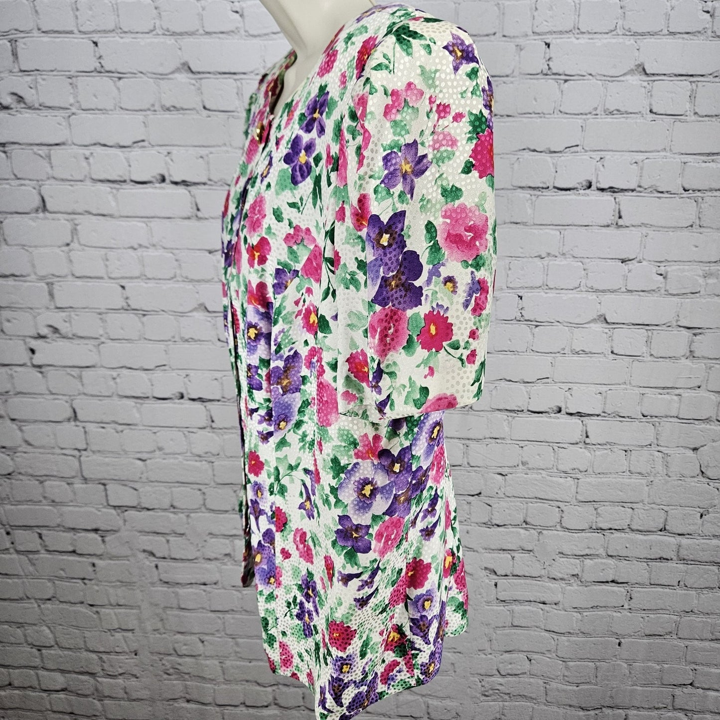 VTG Maggy London Multicolor 100% Silk Floral Buttoned Lined Puff Sleeve Top 16