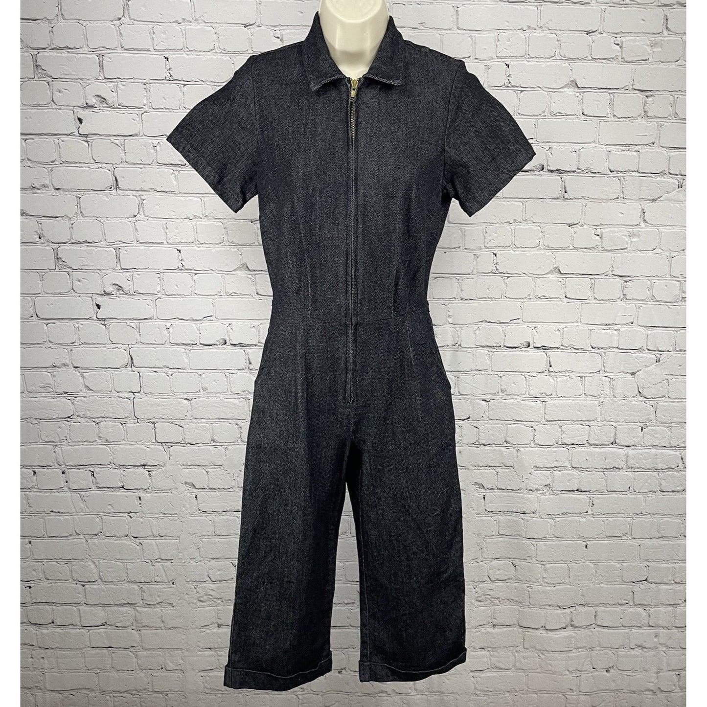 VTG Billie Jo Retro Black Denim Zipped Capri Stretch Pockets Jumpsuit USA Small