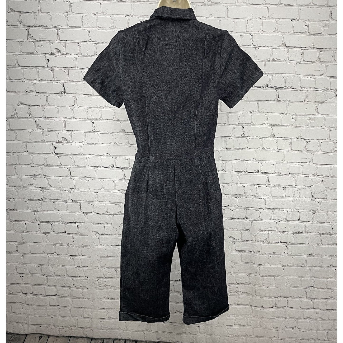 VTG Billie Jo Retro Black Denim Zipped Capri Stretch Pockets Jumpsuit USA Small