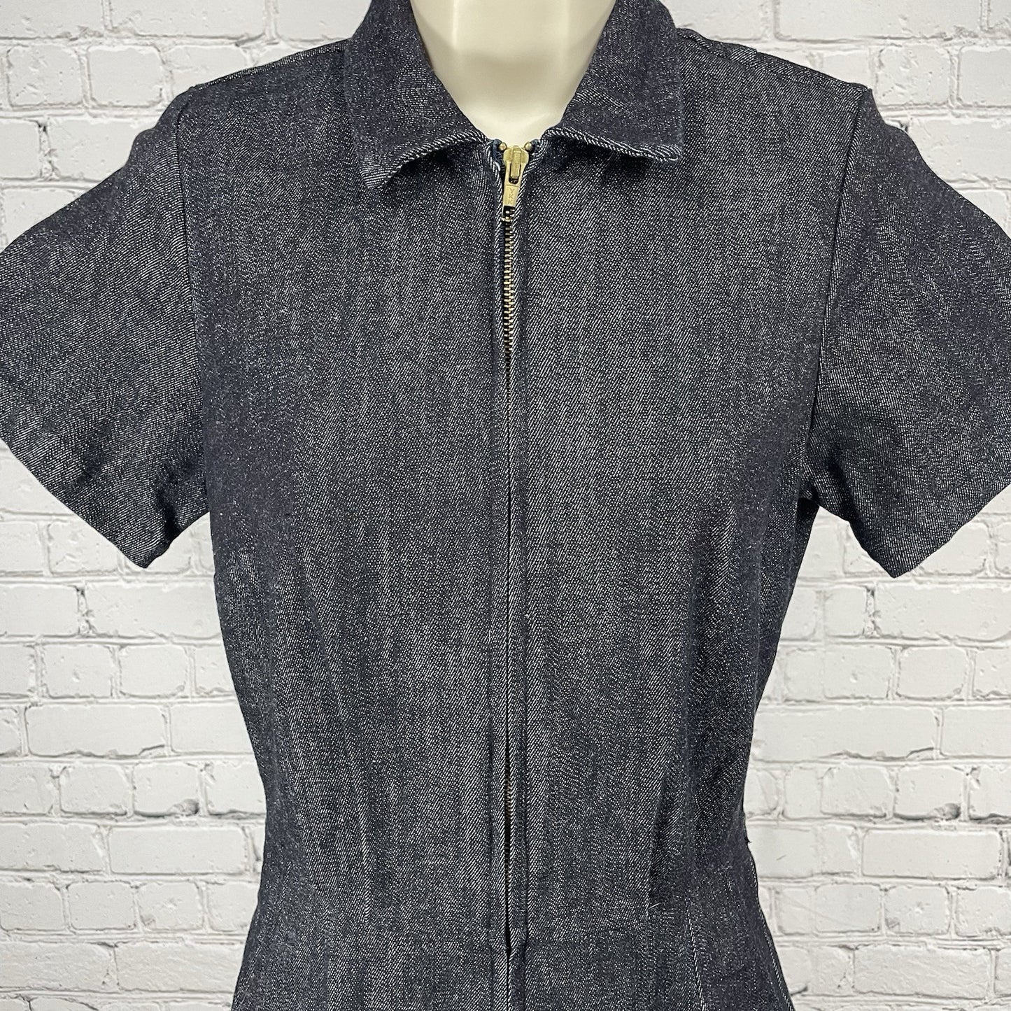 VTG Billie Jo Retro Black Denim Zipped Capri Stretch Pockets Jumpsuit USA Small