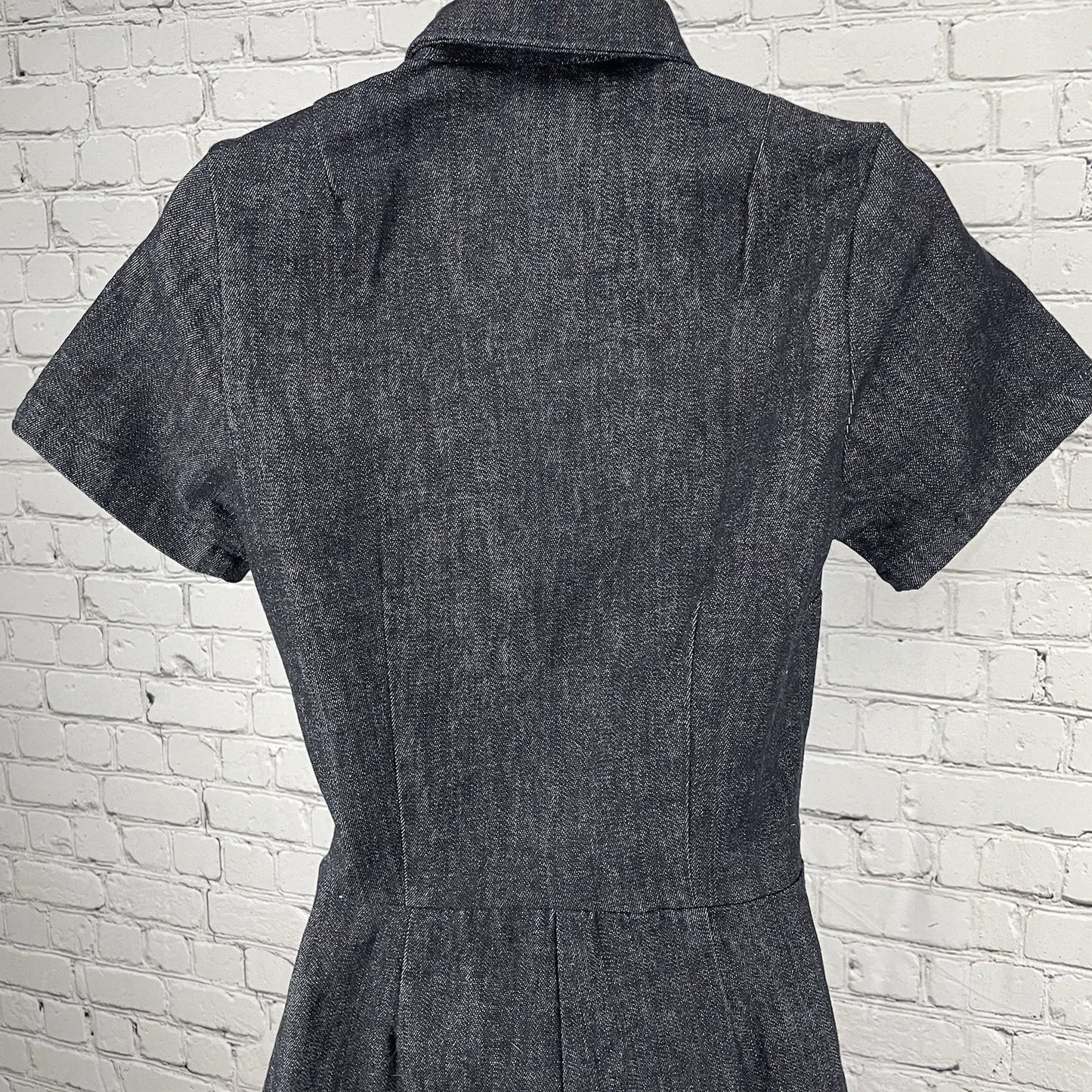 VTG Billie Jo Retro Black Denim Zipped Capri Stretch Pockets Jumpsuit USA Small