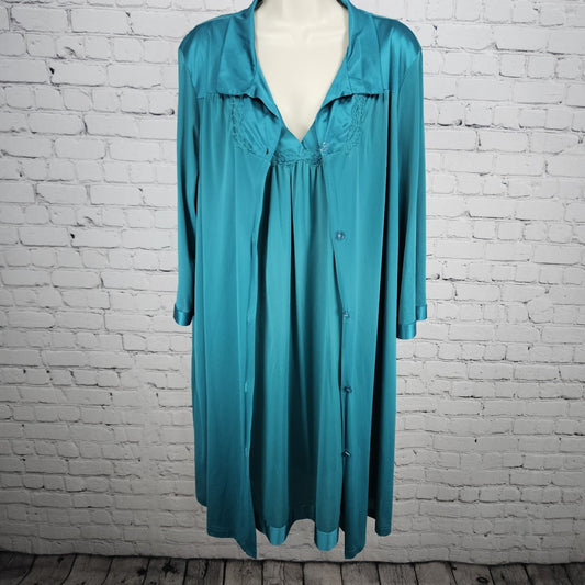 VTG Vanity Fair Blue Satin Trim 2 Piece Sleepwear Robe Nightie Set USA XL