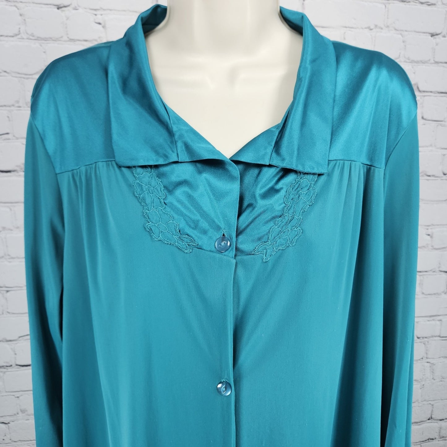 VTG Vanity Fair Blue Satin Trim 2 Piece Sleepwear Robe Nightie Set USA XL