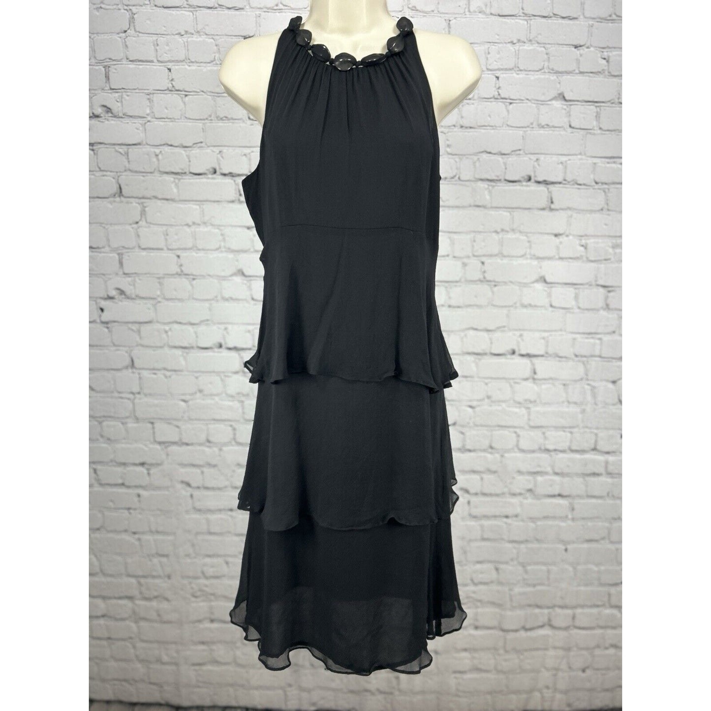 Ellen Tracy Black 100% Silk High Neck Side Zip Layered Dress Size Small S