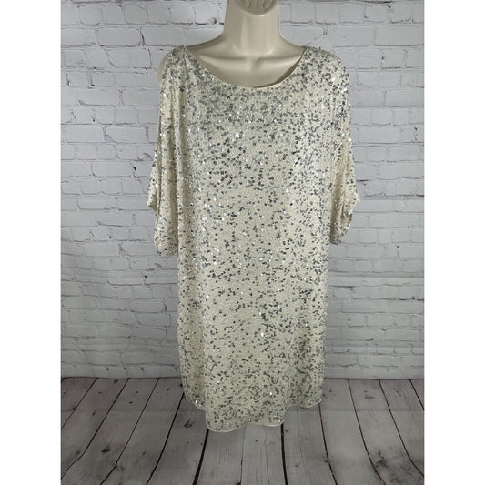 Aidan Mattox Ivory Silk Cold Shoulder Beaded Sequined Dress Size 10 *defects
