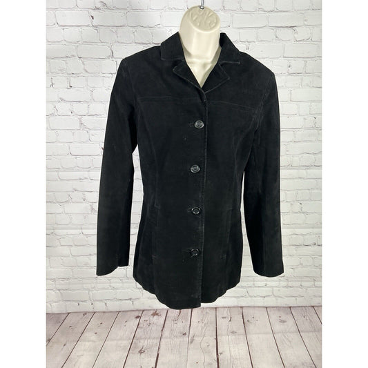 Nine West Solid Black Button Down Black Suede Leather Coat Women’s S