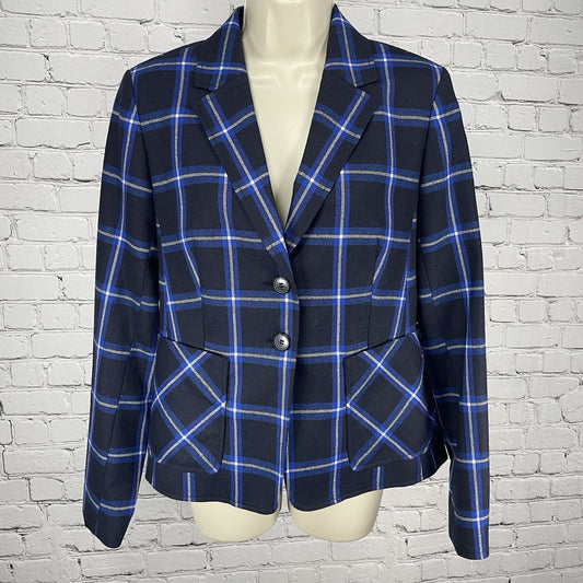 Nordstrom Signature Black Blue Check Virgin Wool 2 Button Blazer Jacket Size 6