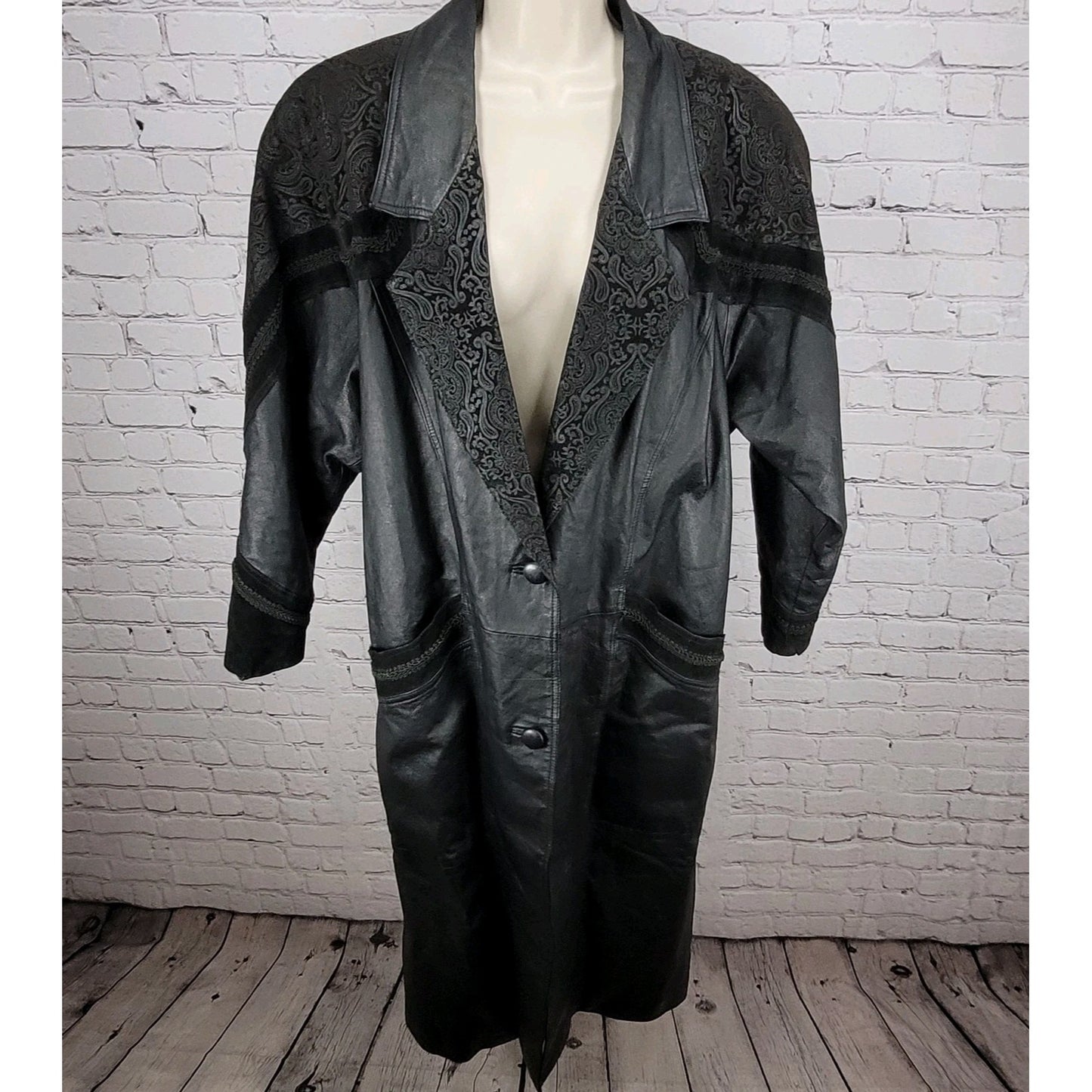 VTG Winlit Black Genuine Leather Suede Paisley Trench Long Jacket Coat L *defect