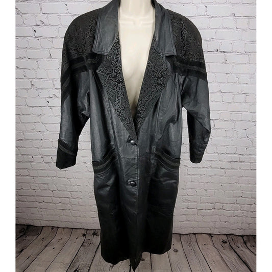 VTG Winlit Black Genuine Leather Suede Paisley Trench Long Jacket Coat L *defect