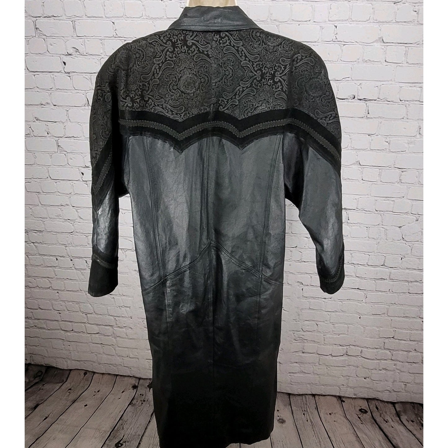 VTG Winlit Black Genuine Leather Suede Paisley Trench Long Jacket Coat L *defect