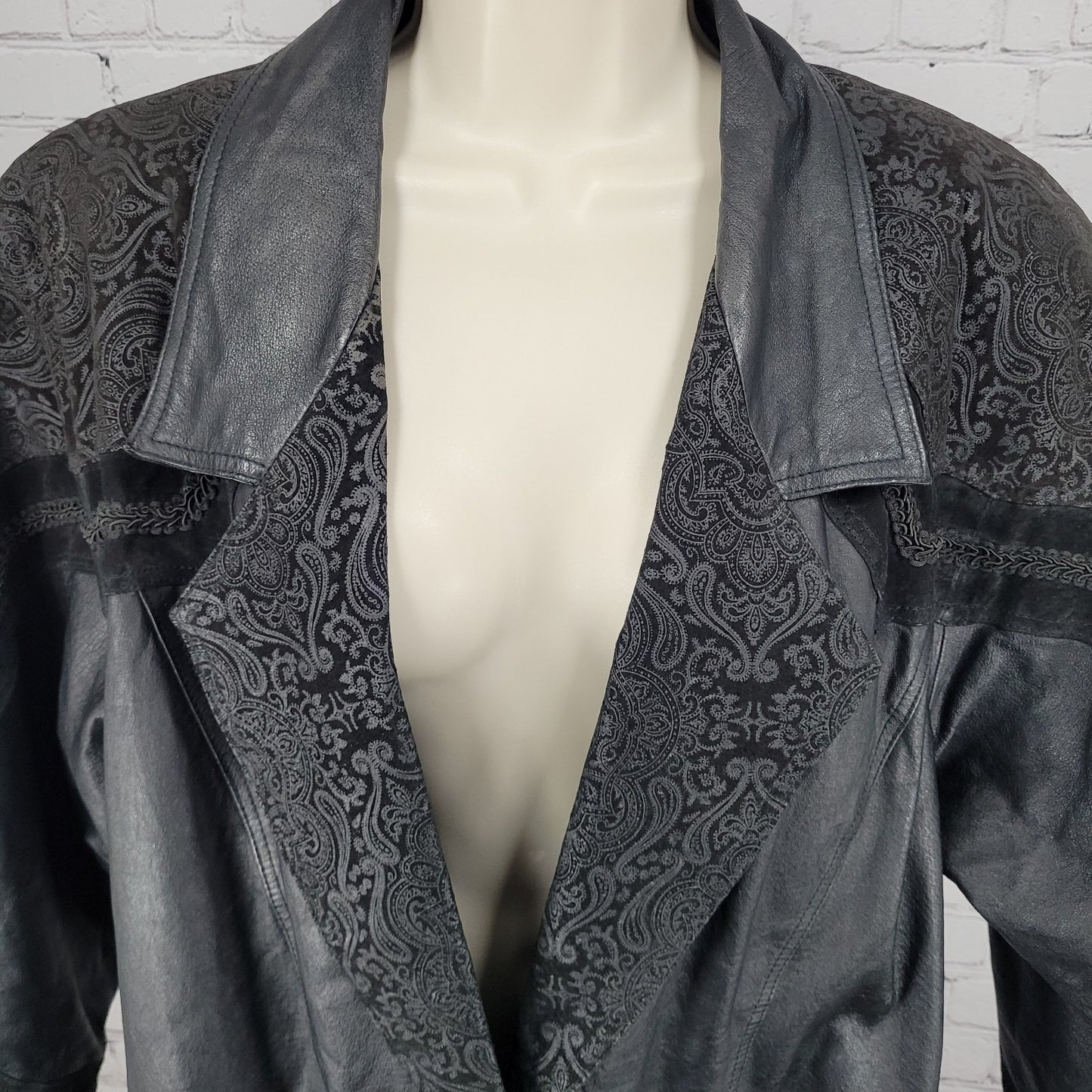 VTG Winlit Black Genuine Leather Suede Paisley Trench Long Jacket Coat L *defect